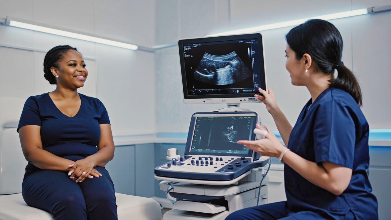 Sonographer discussing ultrasound results with patient